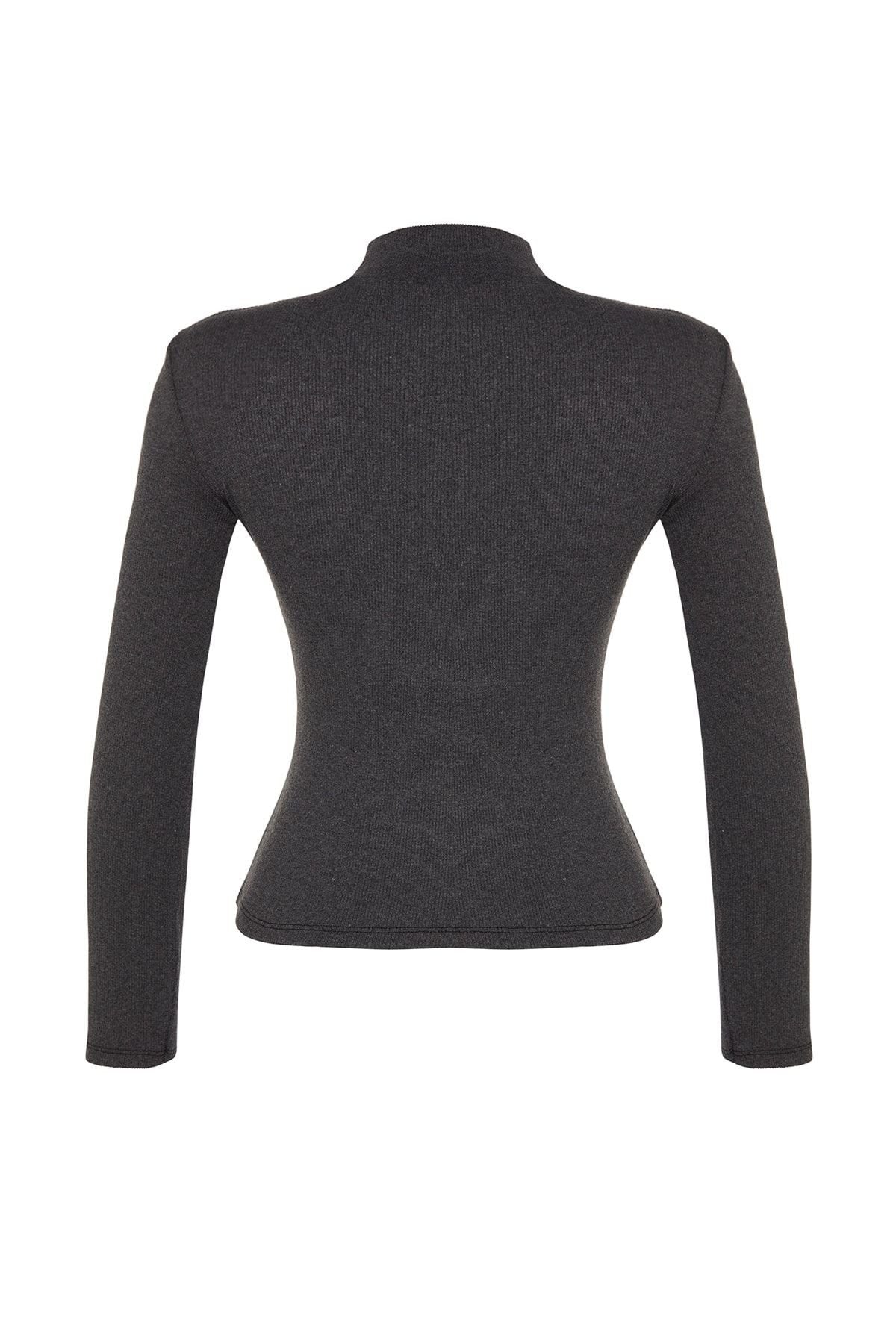 Black Fitted High Collar Long Sleeve Ribbed Stretchy Knitted Blouse TWOAW21BZ0423