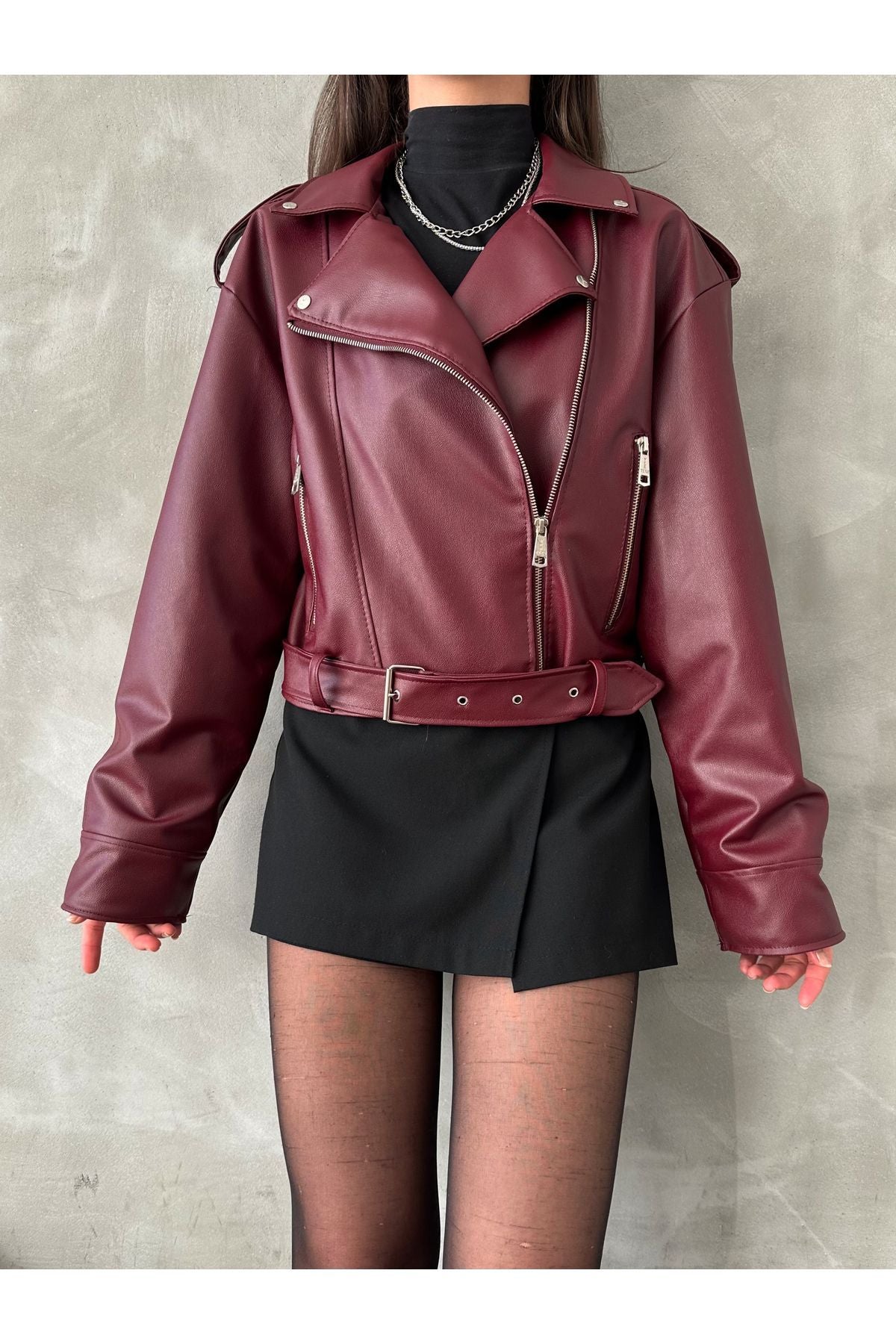 Black Oversize Belted Leather Style Jacket