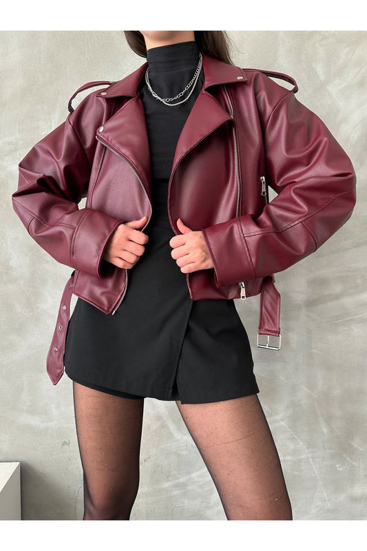 Black Oversize Belted Leather Style Jacket