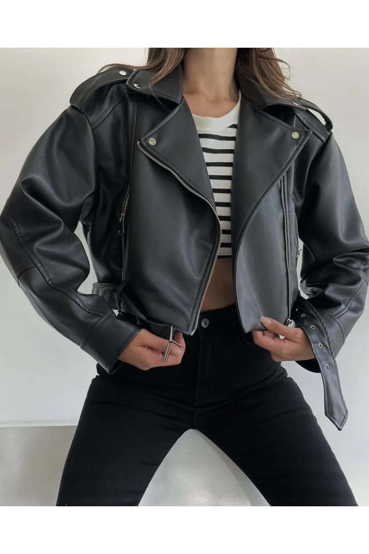 Black Oversize Belted Leather Style Jacket