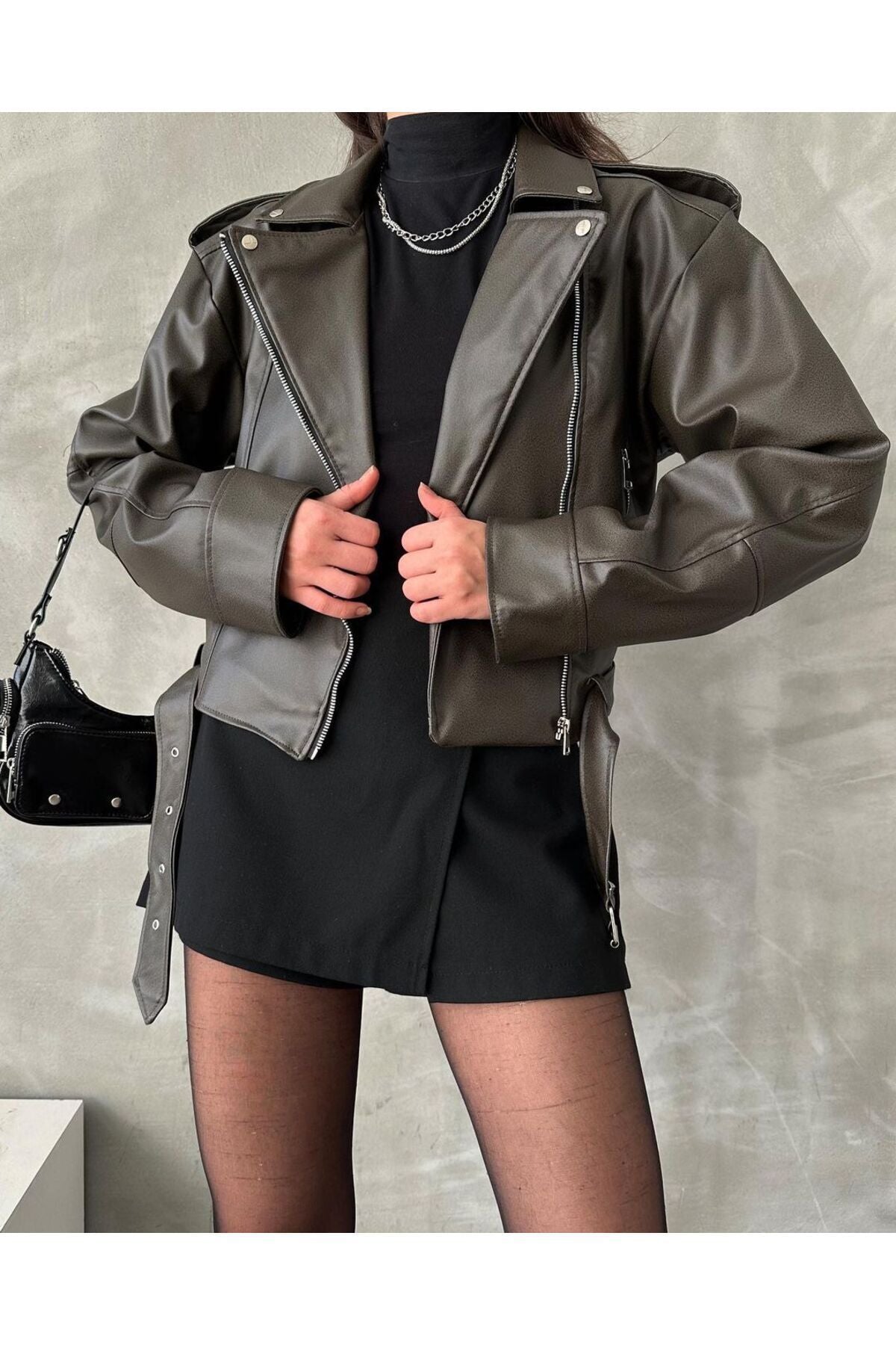 Black Oversize Belted Leather Style Jacket