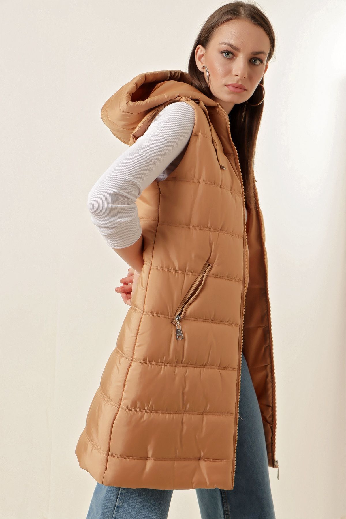 5140 Hooded Long Puffer Vest - Black