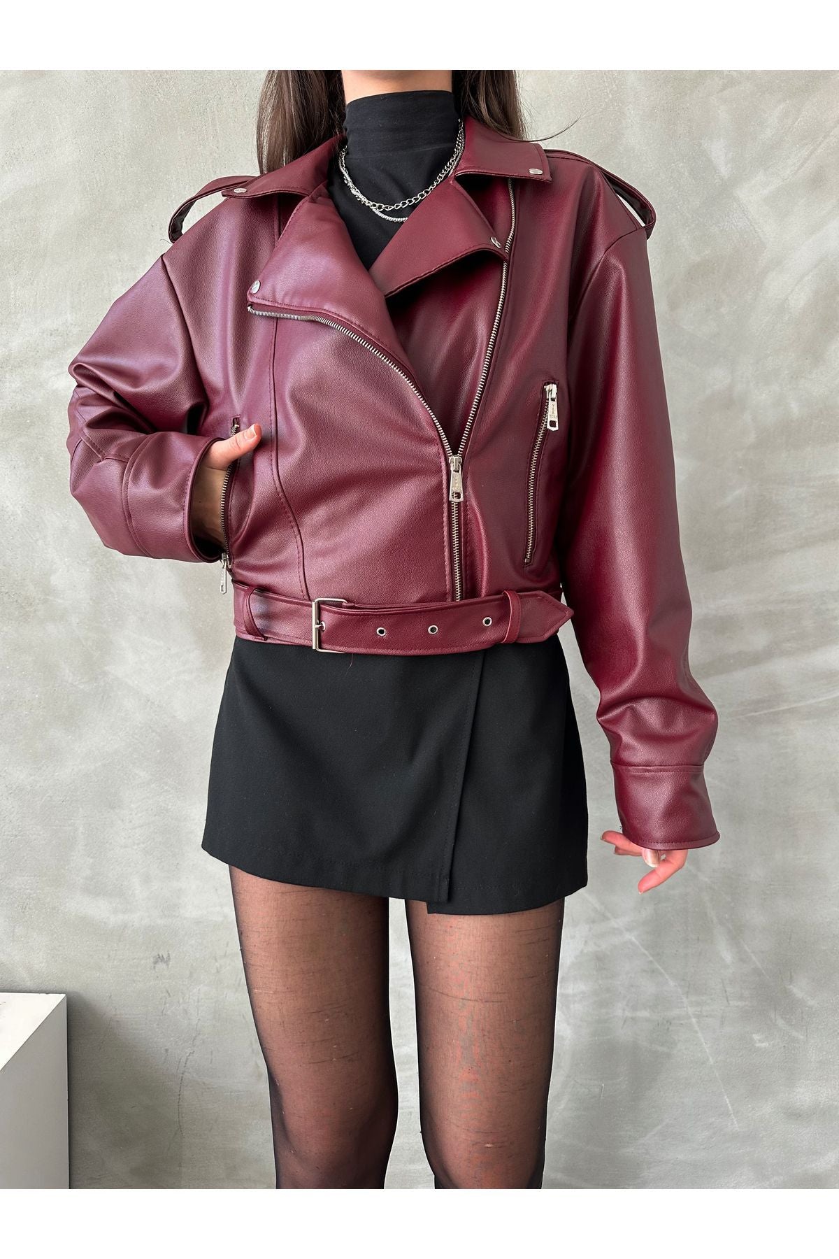 Black Oversize Belted Leather Style Jacket