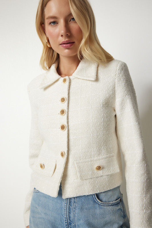 Women's Cream Stylish Button Detailed Tweed Crop Jacket WF00055