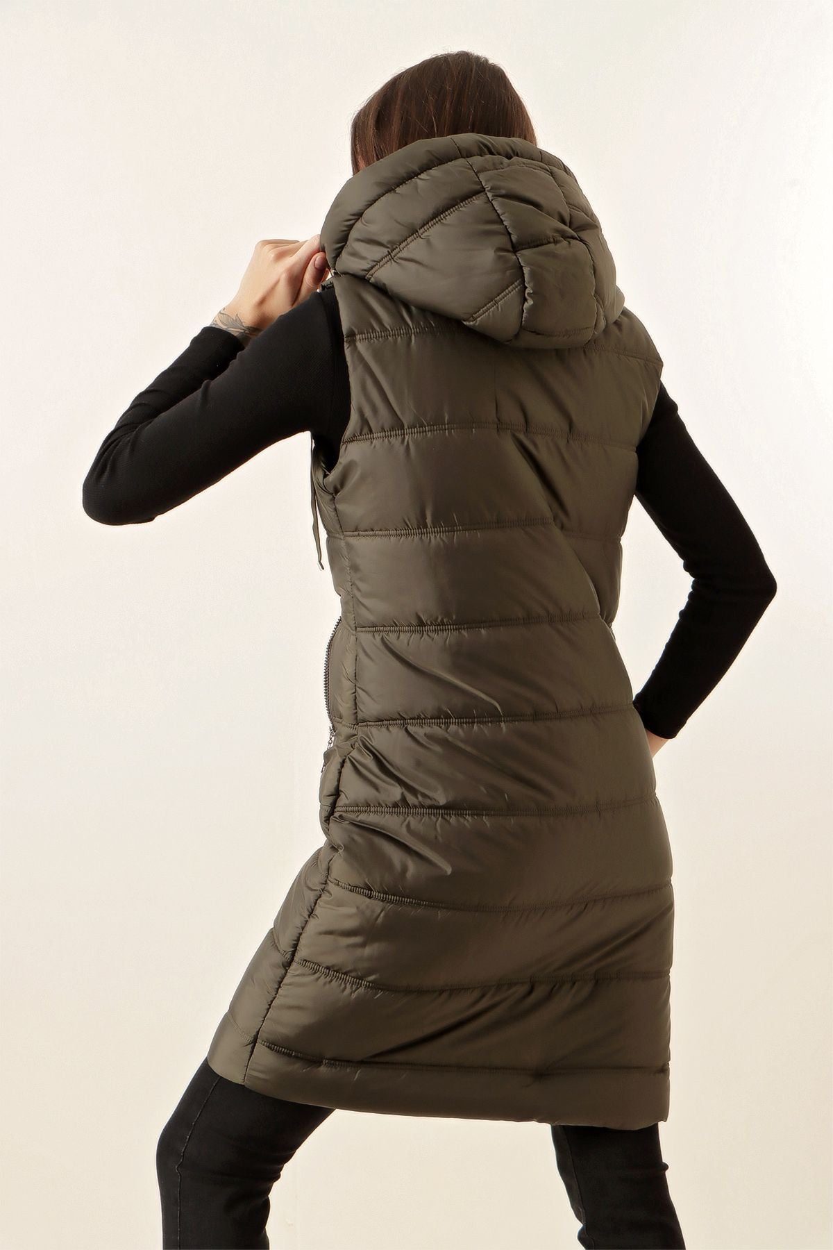 5140 Hooded Long Puffer Vest - Black