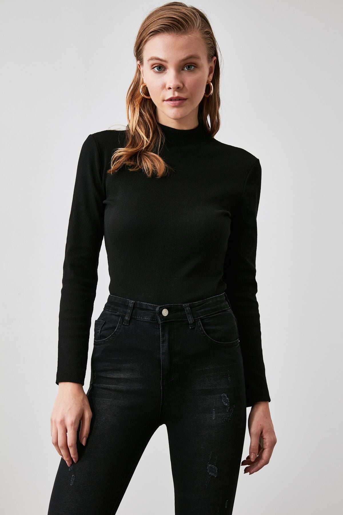 Black Fitted High Collar Long Sleeve Ribbed Stretchy Knitted Blouse TWOAW21BZ0423