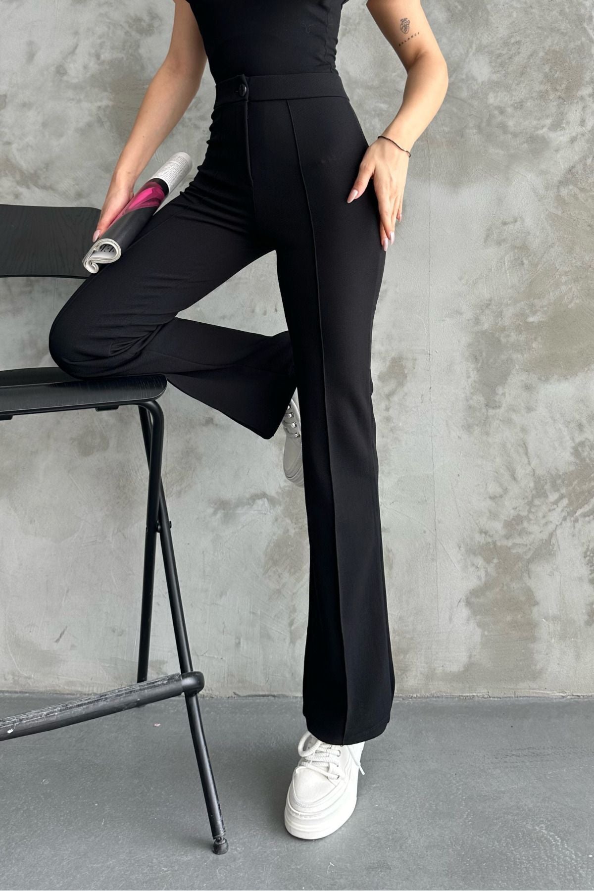 Black High Waist Strengthening Flared Leg Women's Palazzo Trousers