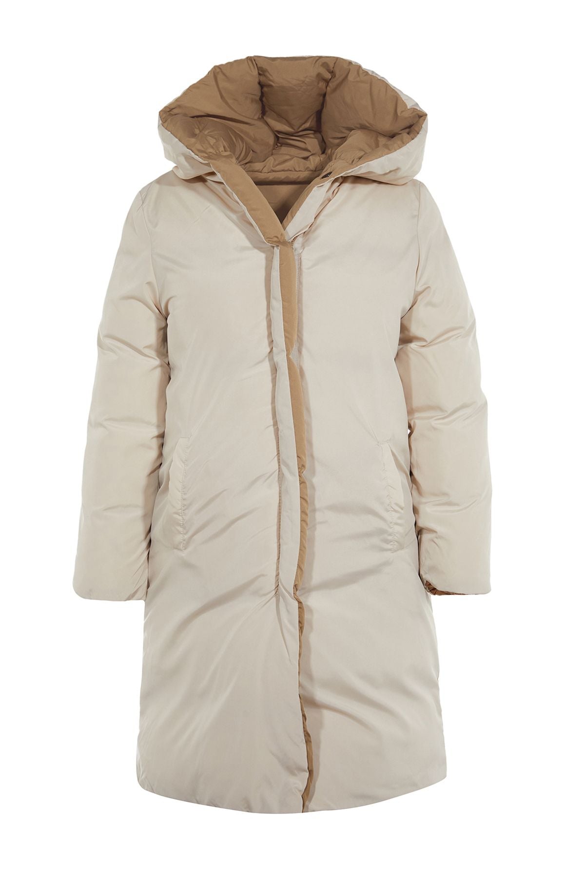 Double Sided Hooded Black-Beige Long Puffer Anorak Coat - Water Repellent Twoaw23Mo00052