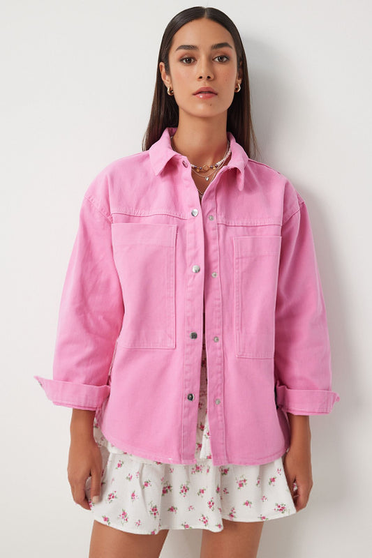 Oversize Pink Women's Gabardine Jacket - Pockets, RV00190