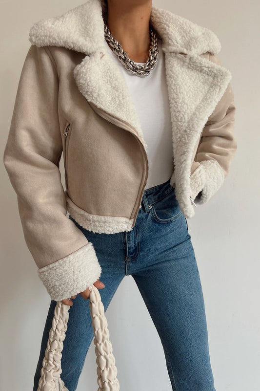 Fur Collar Suede Biker Jacket Beige