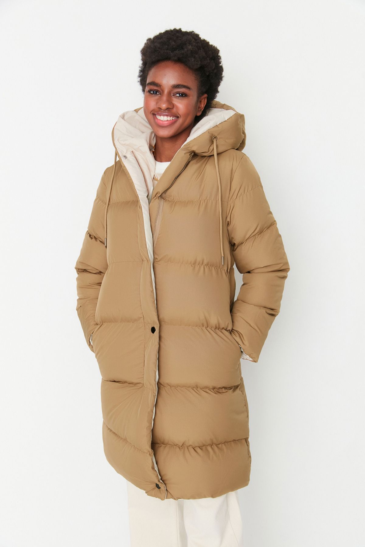 Double Sided Hooded Black-Beige Long Puffer Anorak Coat - Water Repellent Twoaw23Mo00052