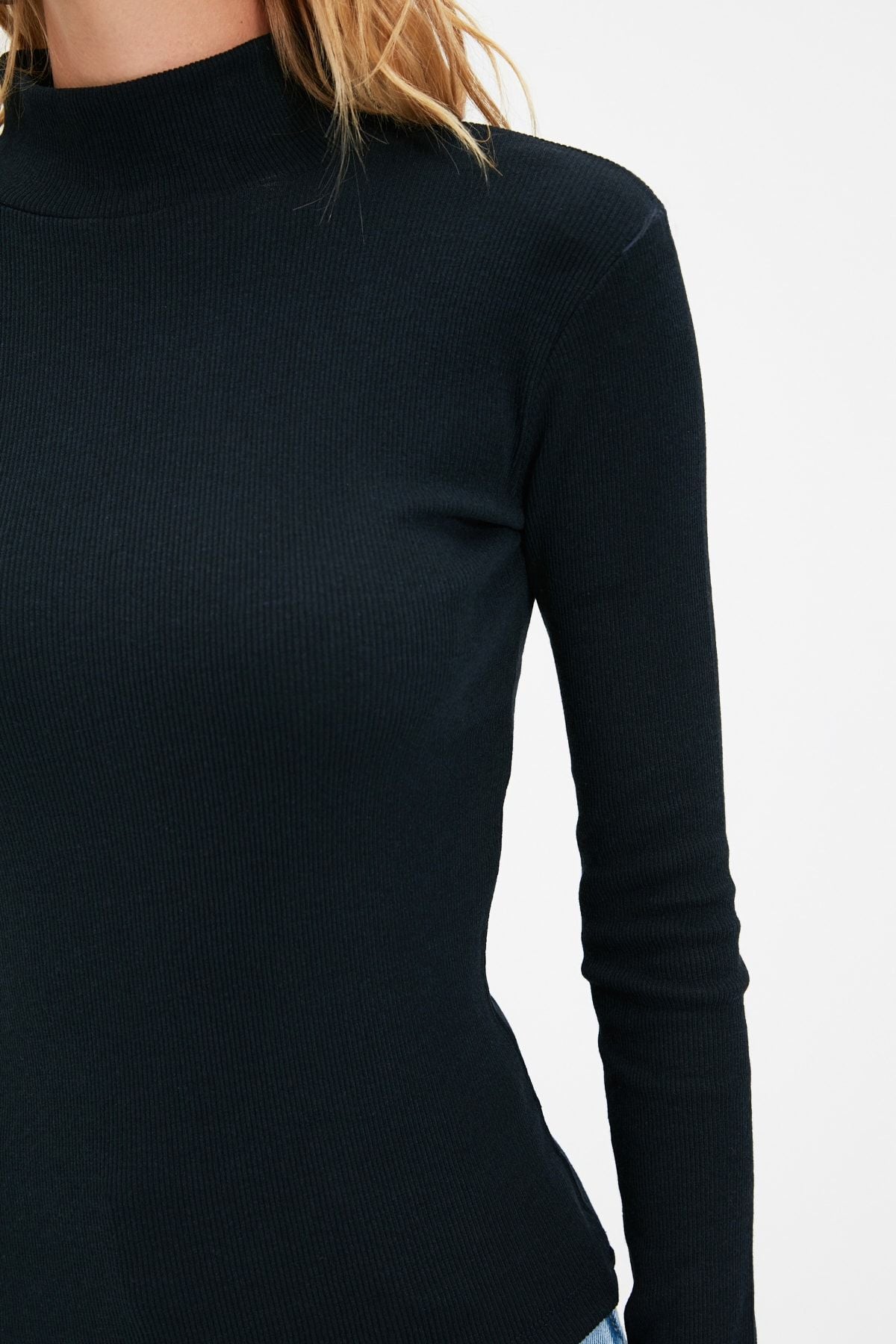 Black Fitted High Collar Long Sleeve Ribbed Stretchy Knitted Blouse TWOAW21BZ0423