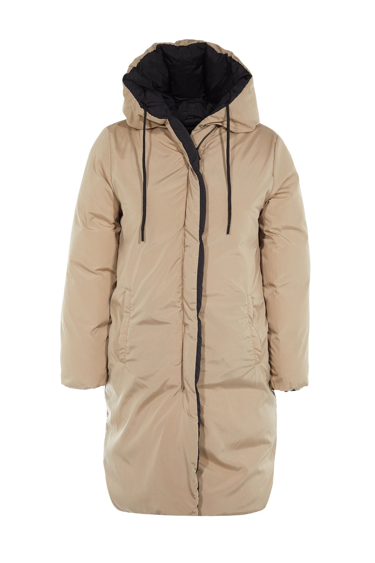 Double Sided Hooded Black-Beige Long Puffer Anorak Coat - Water Repellent Twoaw23Mo00052