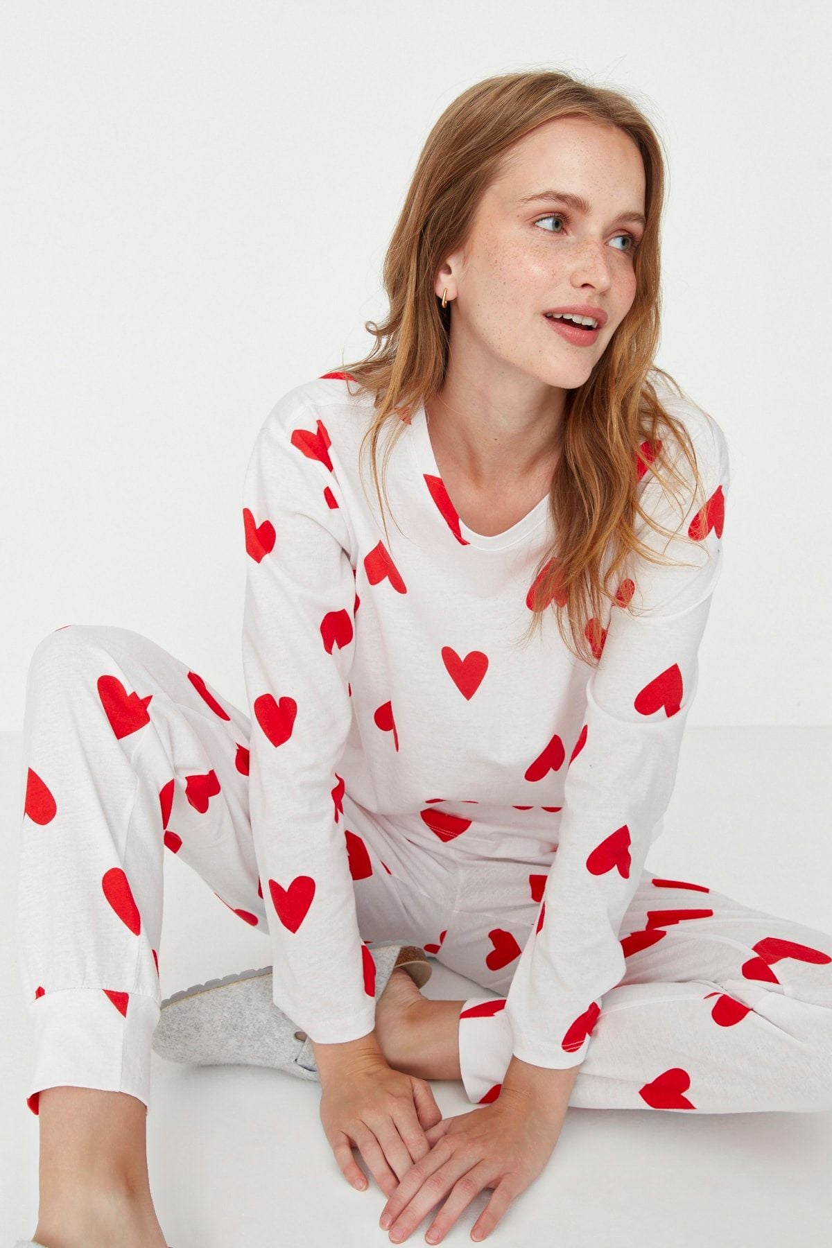 White Knitted Sleepwear Set with Heart - 100% Cotton THMAW21PT0566