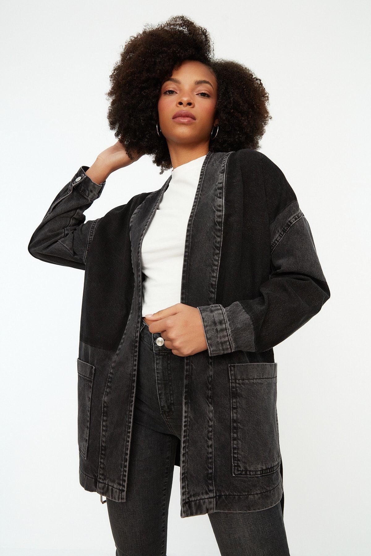 Anthracite Color Block Belted Oversize Denim Jacket TWOSS21CE0186