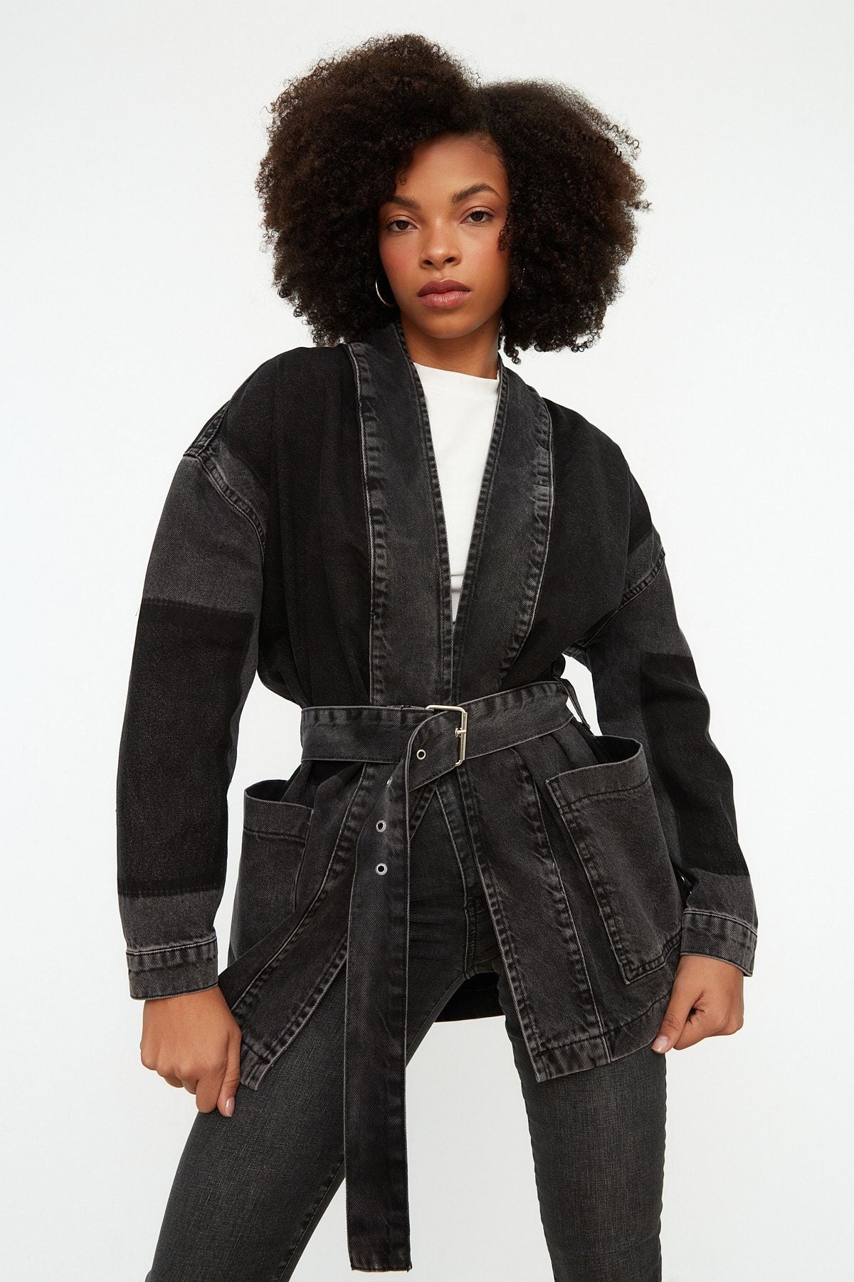 Anthracite Color Block Belted Oversize Denim Jacket TWOSS21CE0186