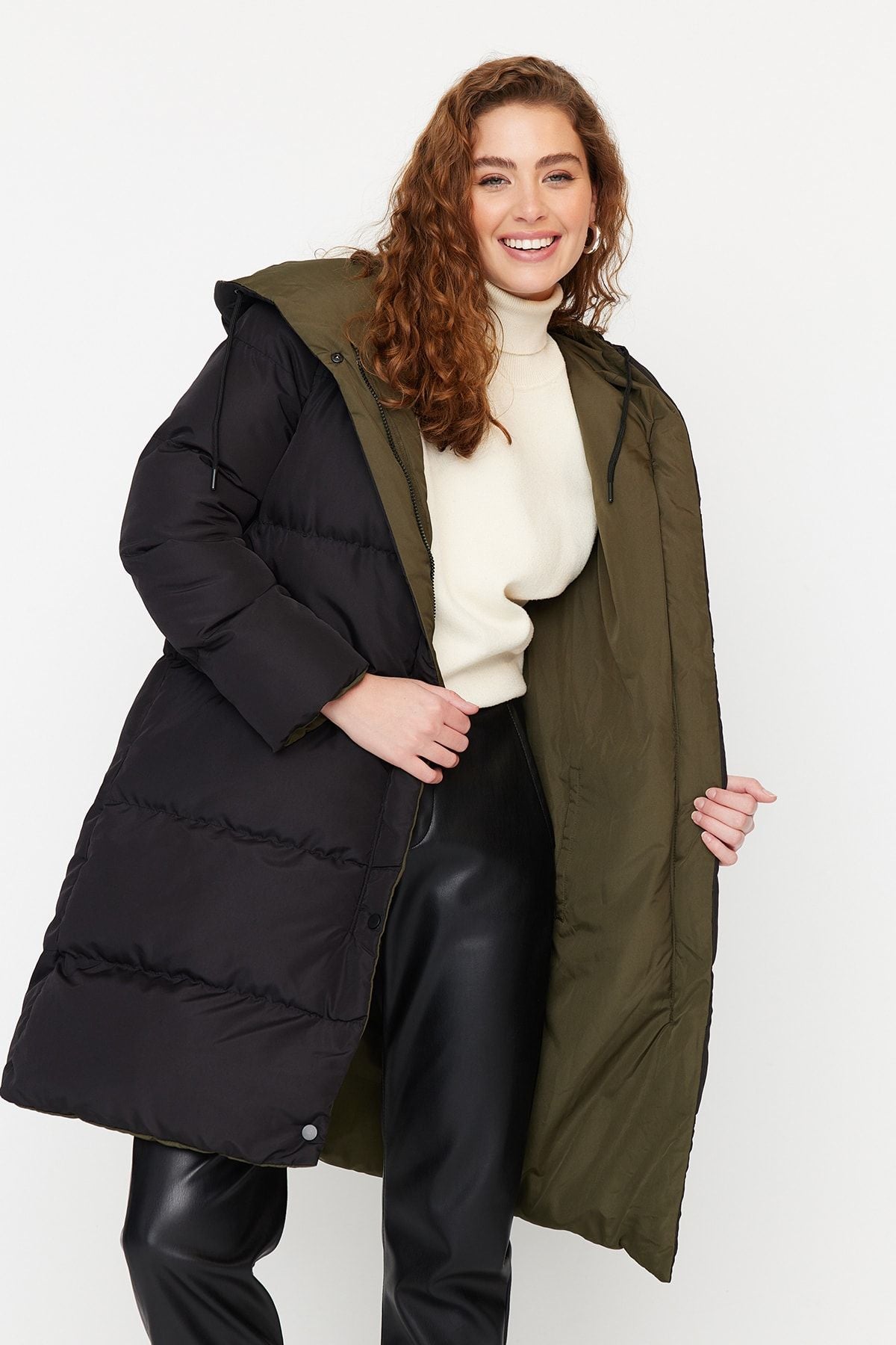 Double Sided Hooded Black-Beige Long Puffer Anorak Coat - Water Repellent Twoaw23Mo00052