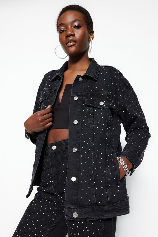 Black Jewelled Oversize Denim Jacket TWOSS23CE00044