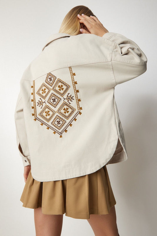 Women's Cream Ethnic Embroidered Gabardine Shirt Jacket RV00142