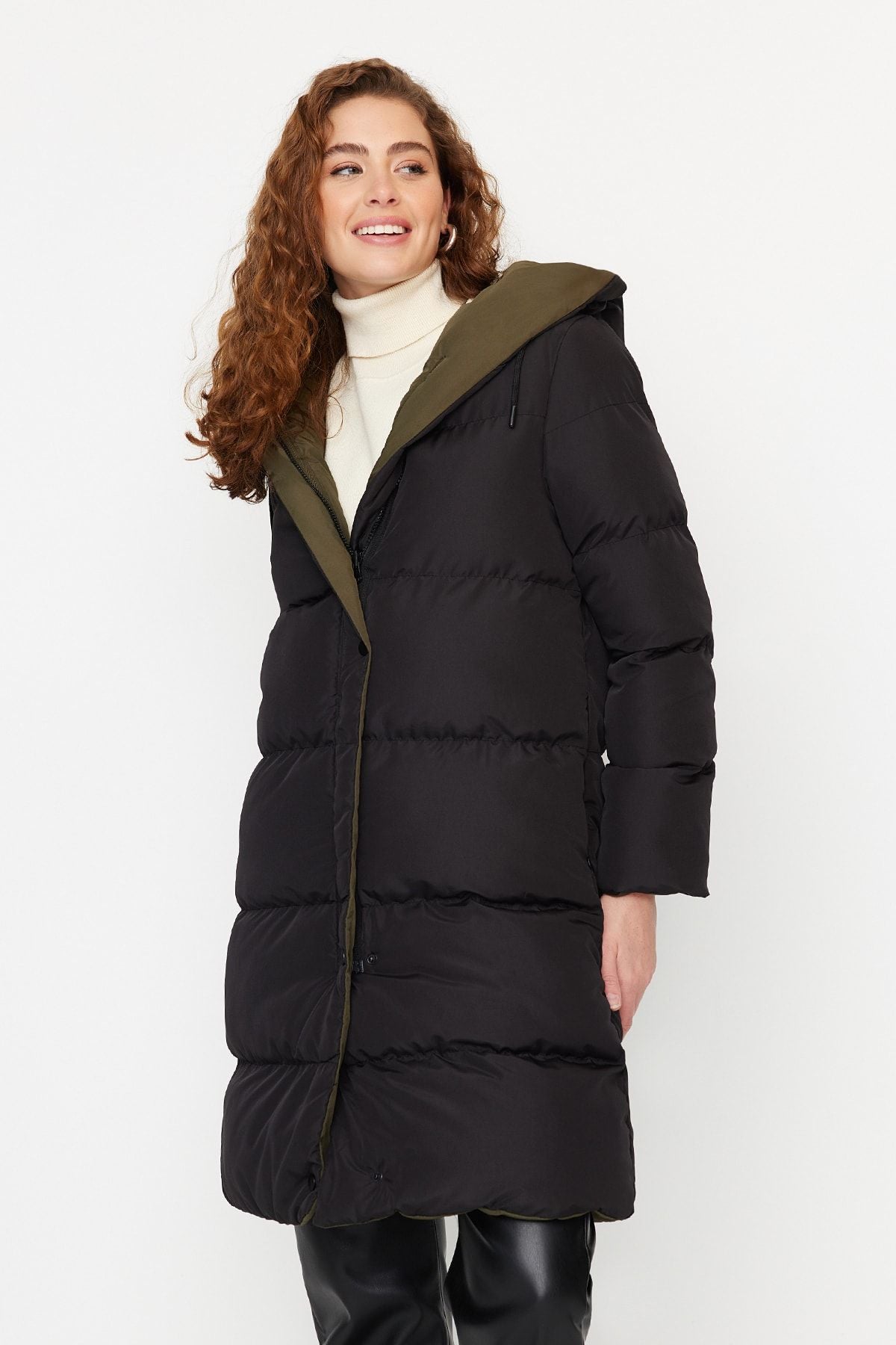 Double Sided Hooded Black-Beige Long Puffer Anorak Coat - Water Repellent Twoaw23Mo00052