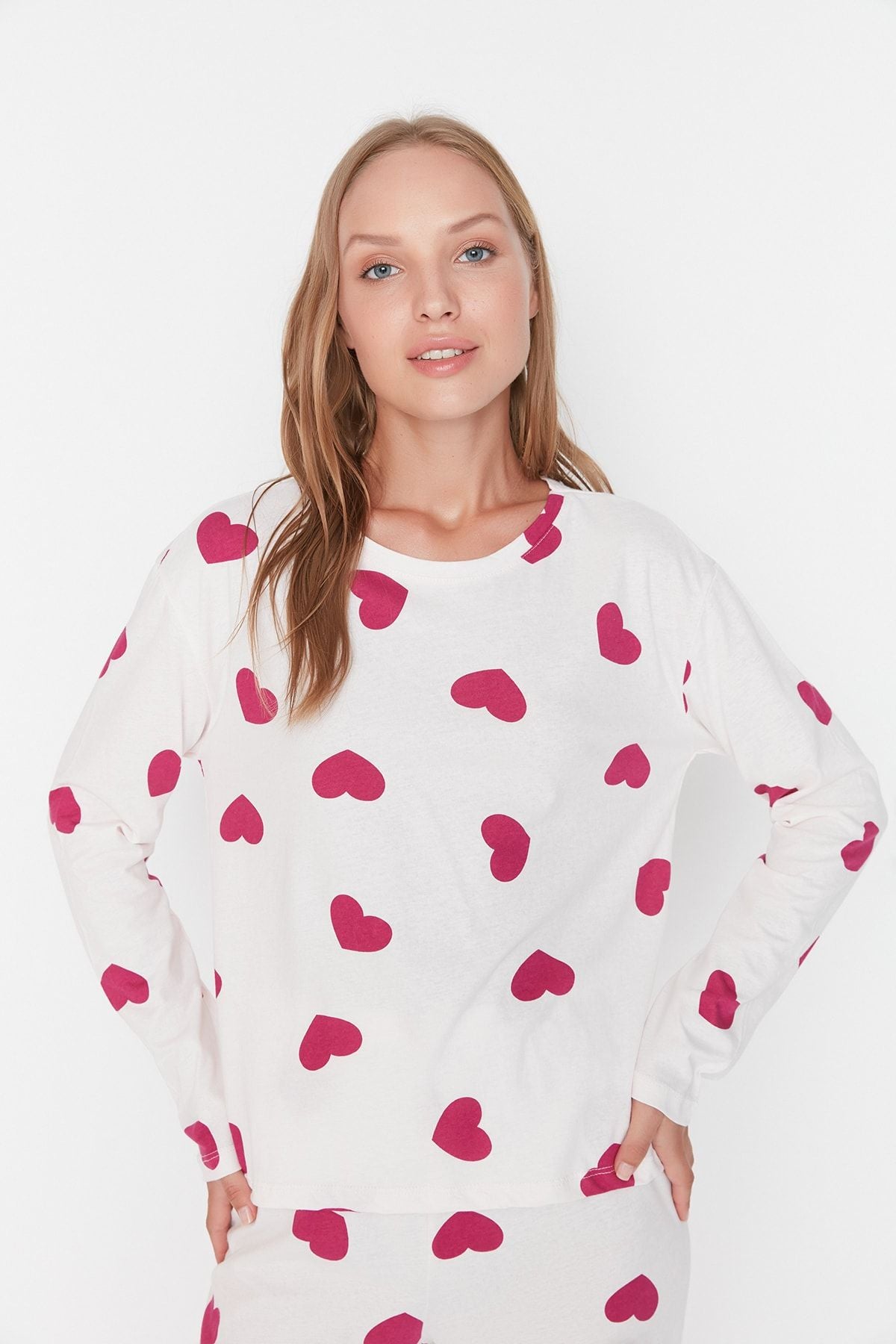 White Knitted Sleepwear Set with Heart - 100% Cotton THMAW21PT0566