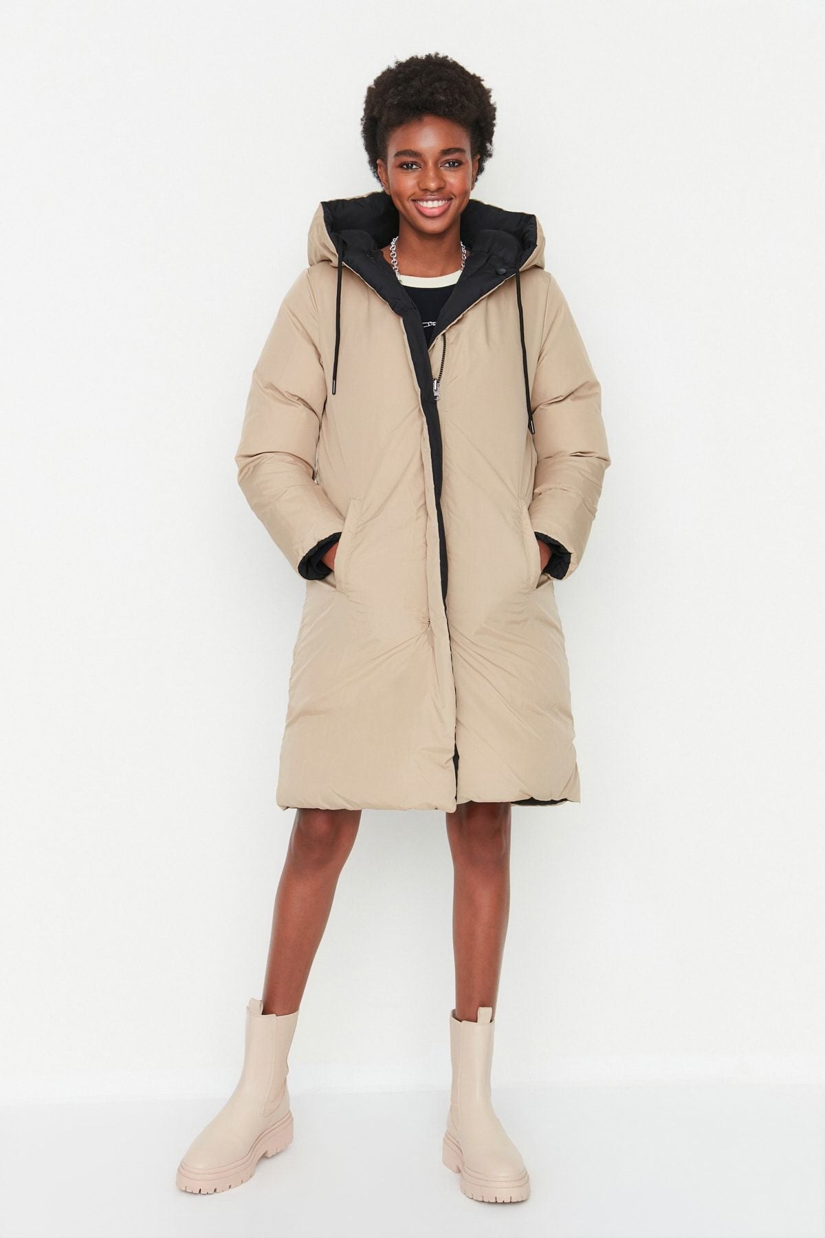 Double Sided Hooded Black-Beige Long Puffer Anorak Coat - Water Repellent Twoaw23Mo00052