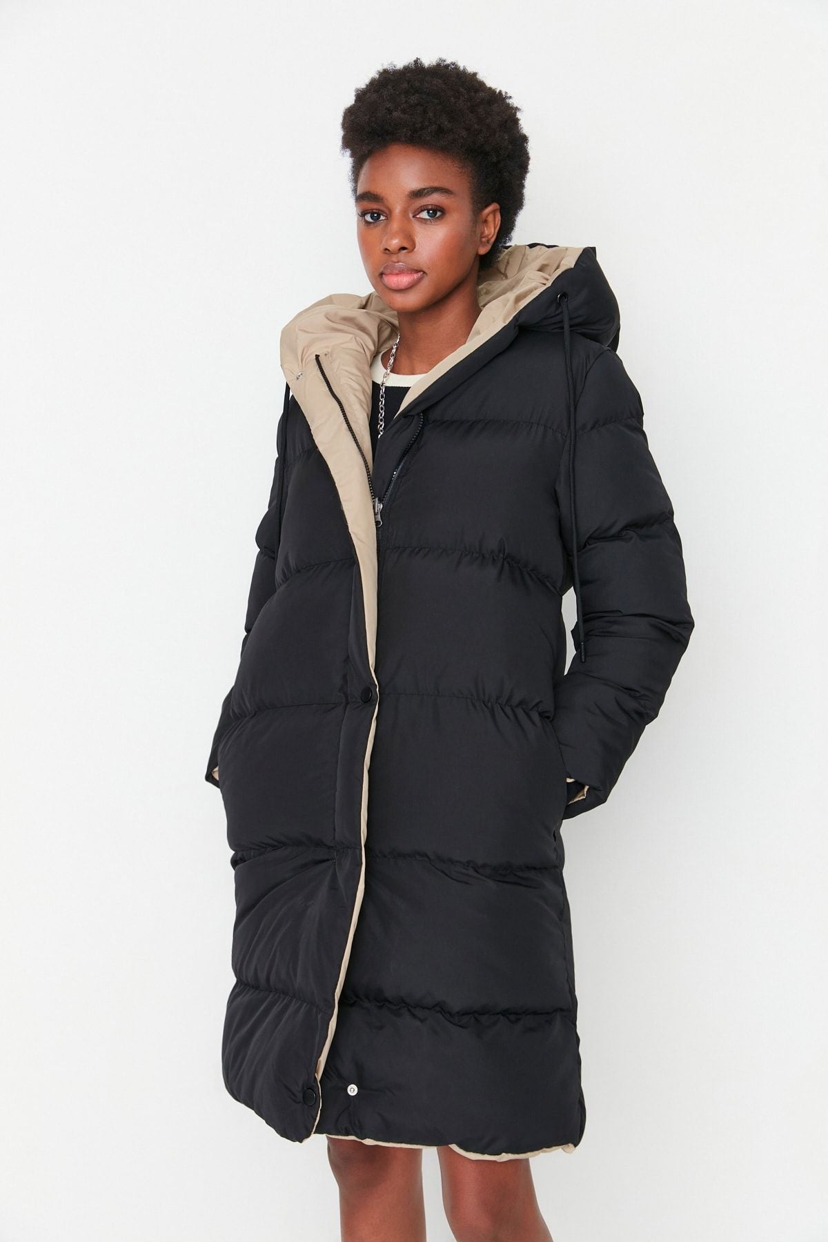 Double Sided Hooded Black-Beige Long Puffer Anorak Coat - Water Repellent Twoaw23Mo00052