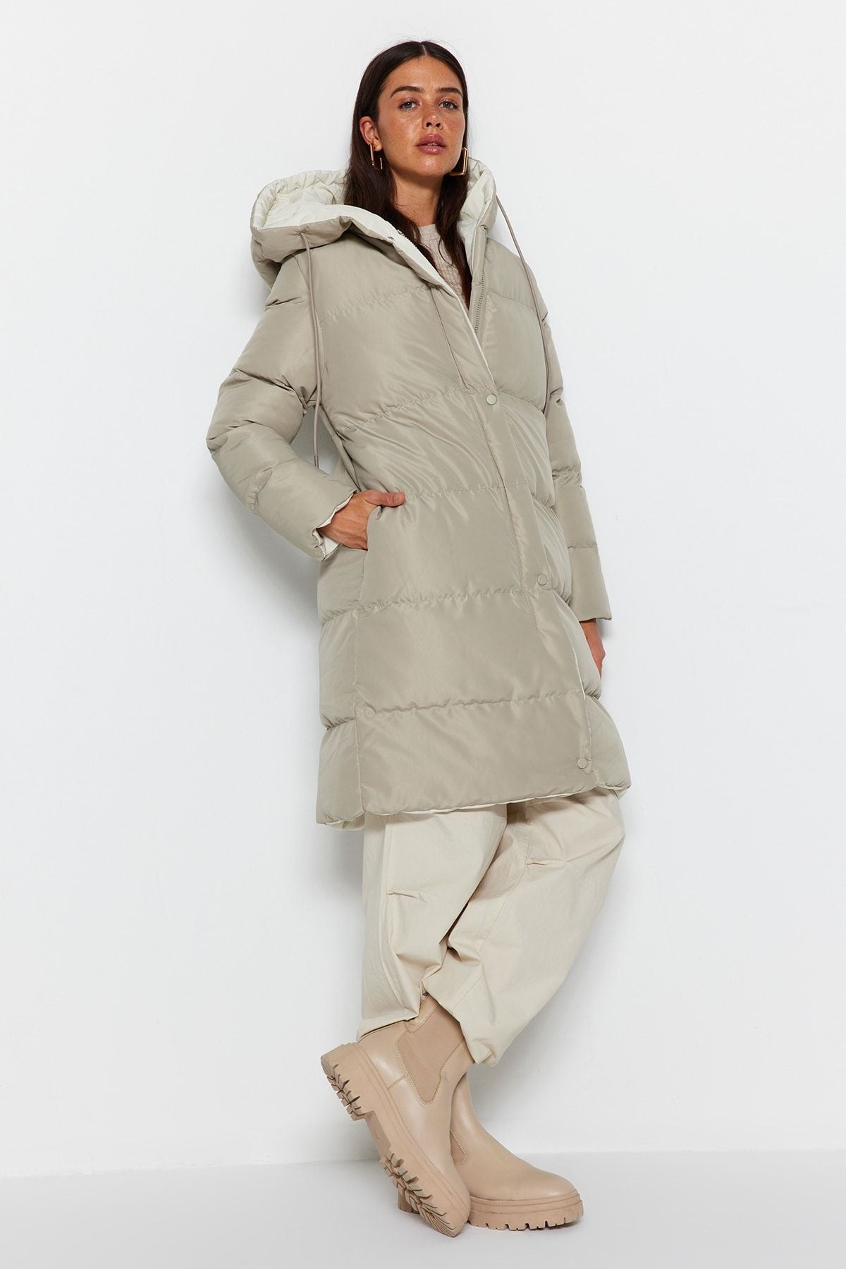 Double Sided Hooded Black-Beige Long Puffer Anorak Coat - Water Repellent Twoaw23Mo00052