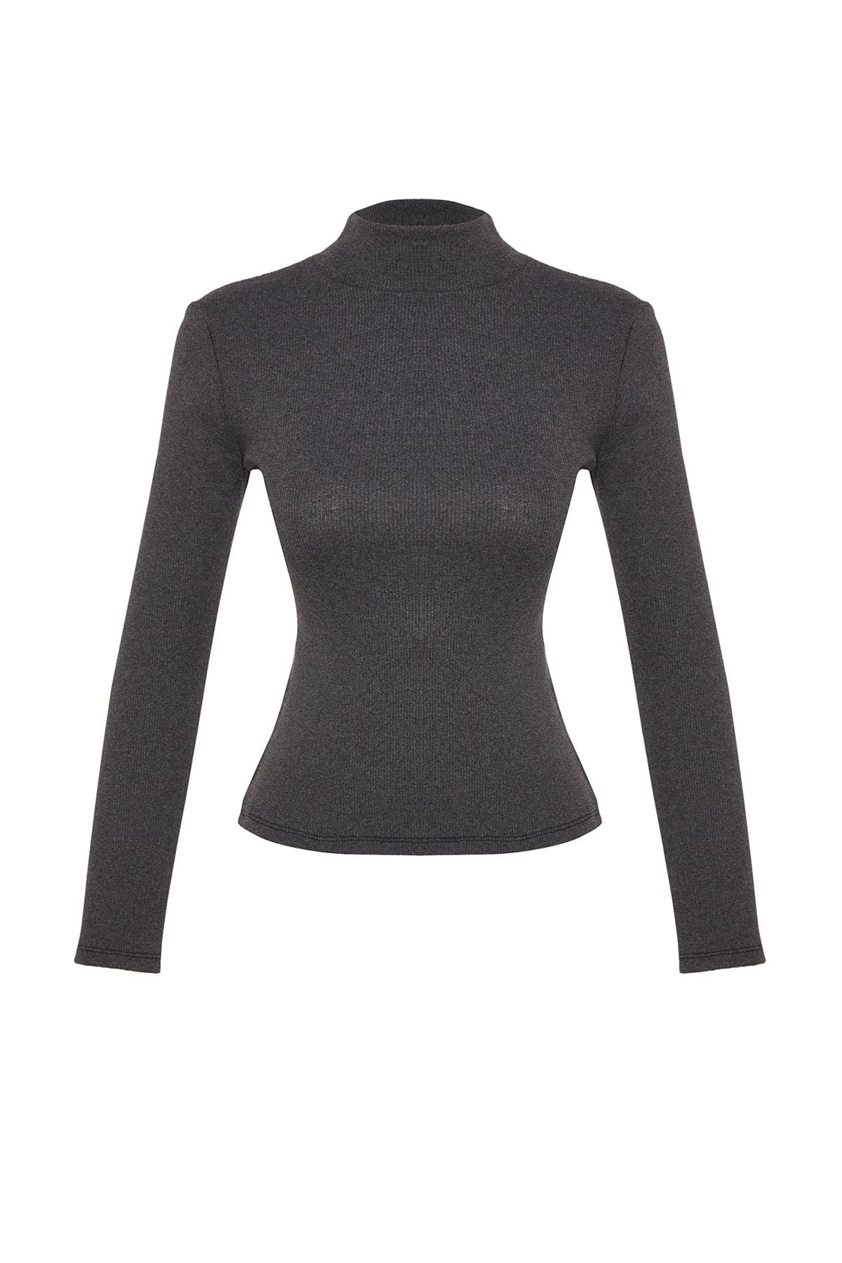 Black Fitted High Collar Long Sleeve Ribbed Stretchy Knitted Blouse TWOAW21BZ0423